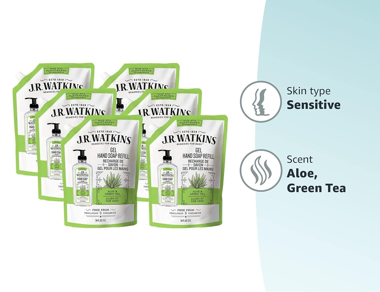 Aloe & Green Tea Scented Hand Wash Refill - 6 Pack 34 fl oz, Non-Drying Formula