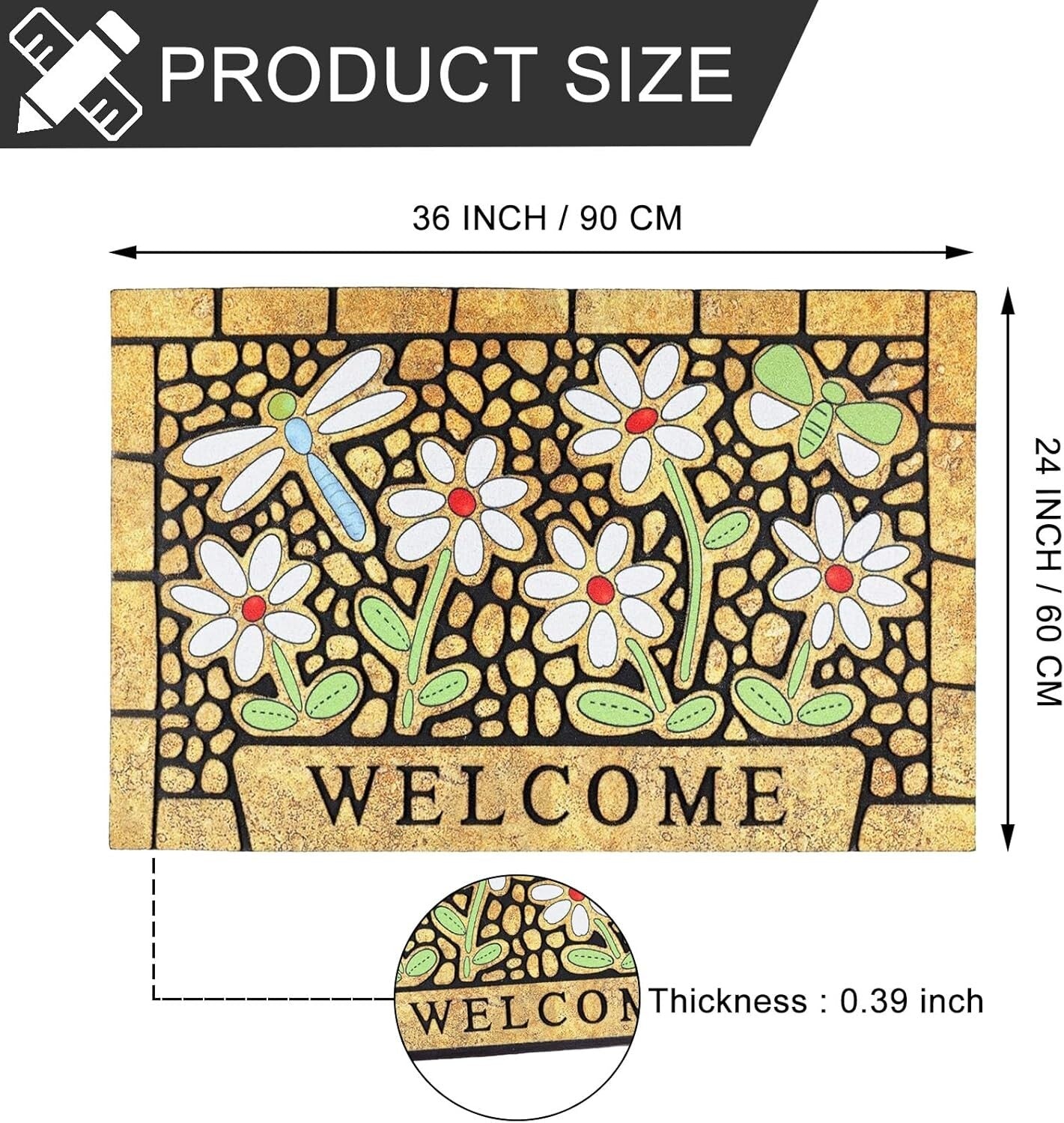 Outdoor Welcome Mat with Dragonfly Design - 24 x 36 Heavy Duty Non-Slip Doormat