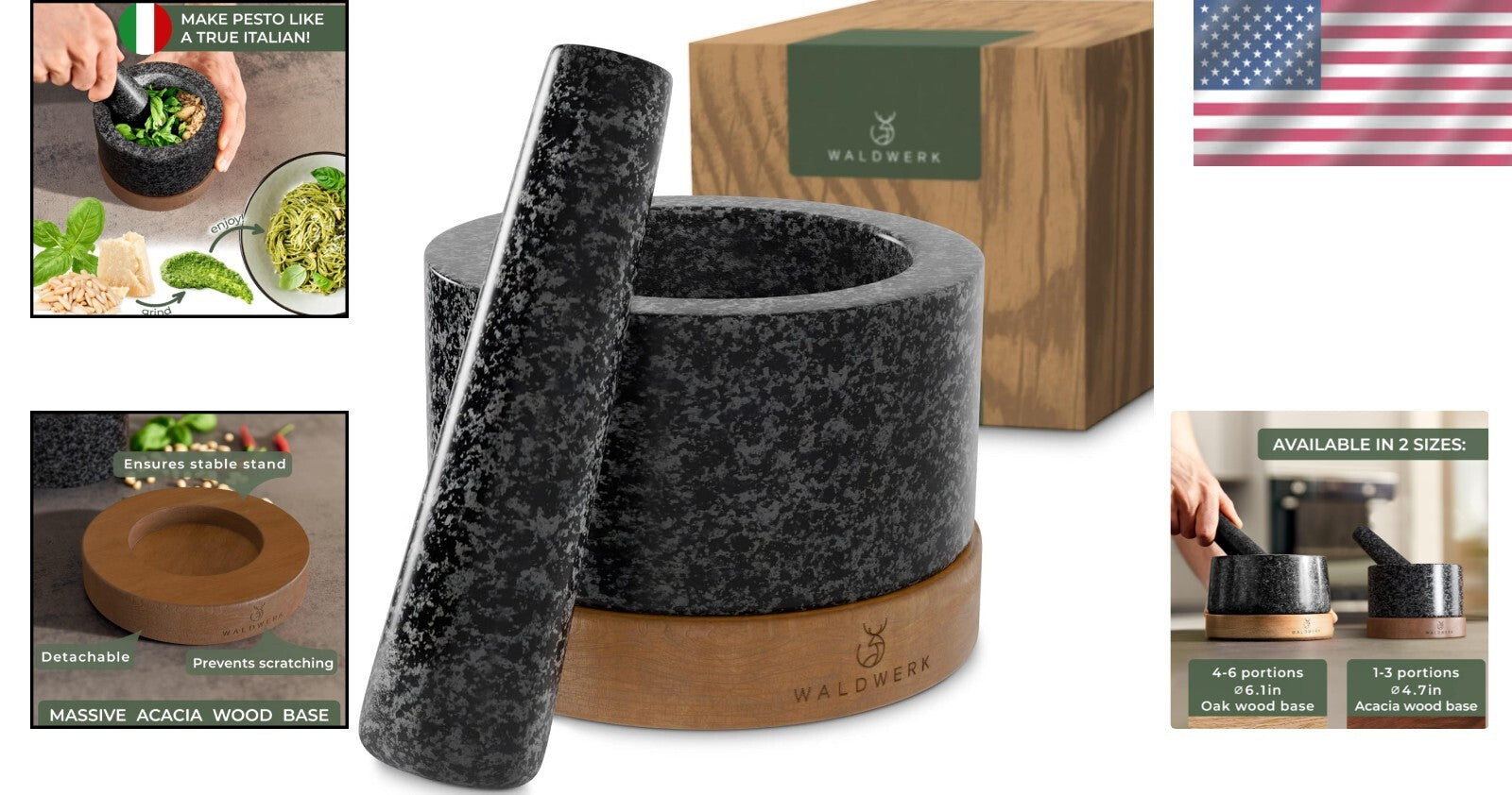 Extra Large Natural Granite Mortar and Pestle with Stylish Acacia Wood Stand
