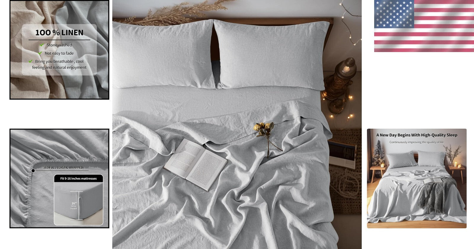Breathable 100% Linen Bed Sheets Set, Full Size, Deep Pocket, All Season Comfort
