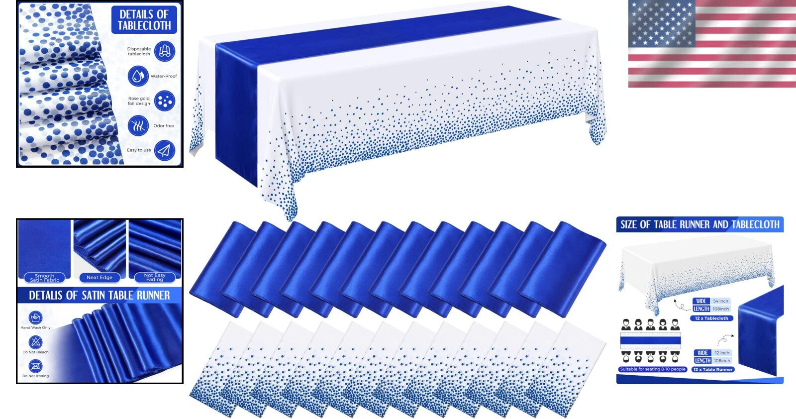 54 x 108 Inch Royal Blue Tablecloths & Satin Runners for Elegant Celebrations