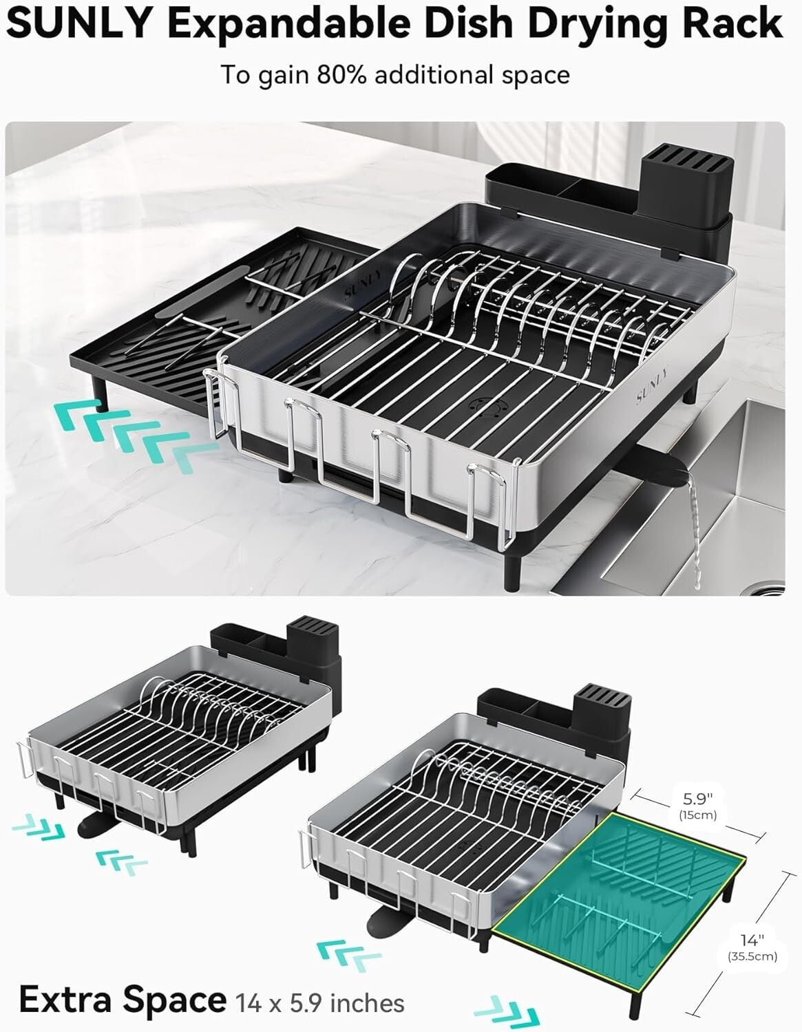 Black Expandable Dish Rack with Flip-Up Holders - 304 Stainless Steel Durability
