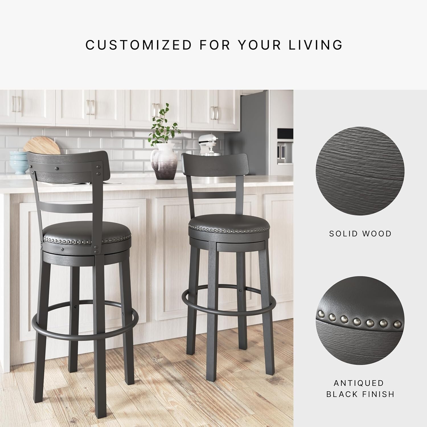 Rustic-Inspired 360° Swivel Barstool - 43.25" Height with Nailhead Trim