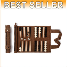 Load image into Gallery viewer, Genuine Leather Travel Backgammon - Compact Roll-Up Game for RVs, Airplanes