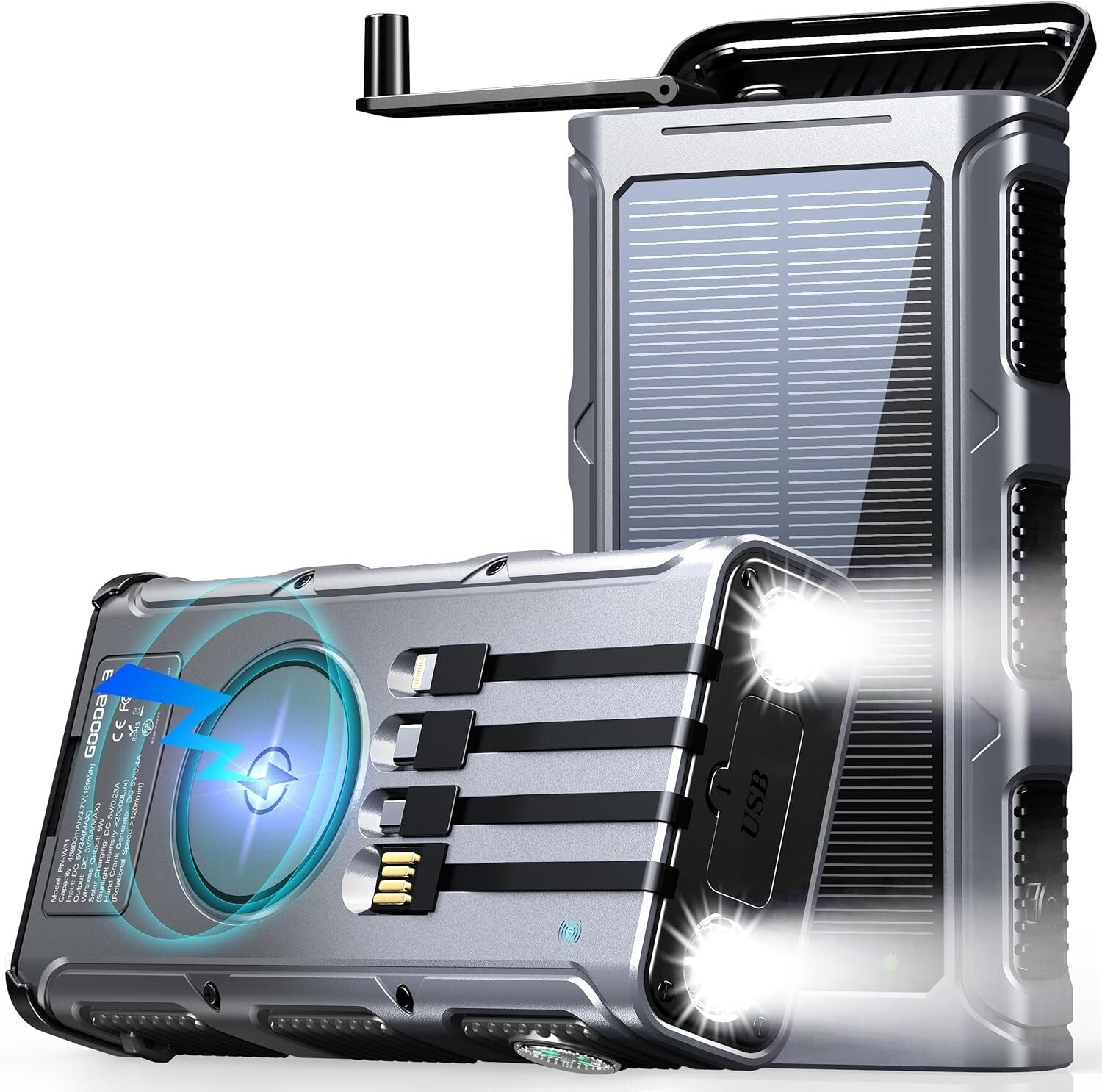 45800mAh Solar Power Bank with Built-In Cables & Flashlight - Fast Charging