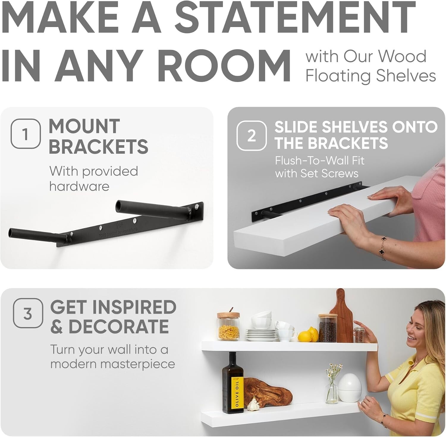 Heavy-Duty 48 Inch Floating Shelves - Elegant Décor for Kitchen & Bathroom