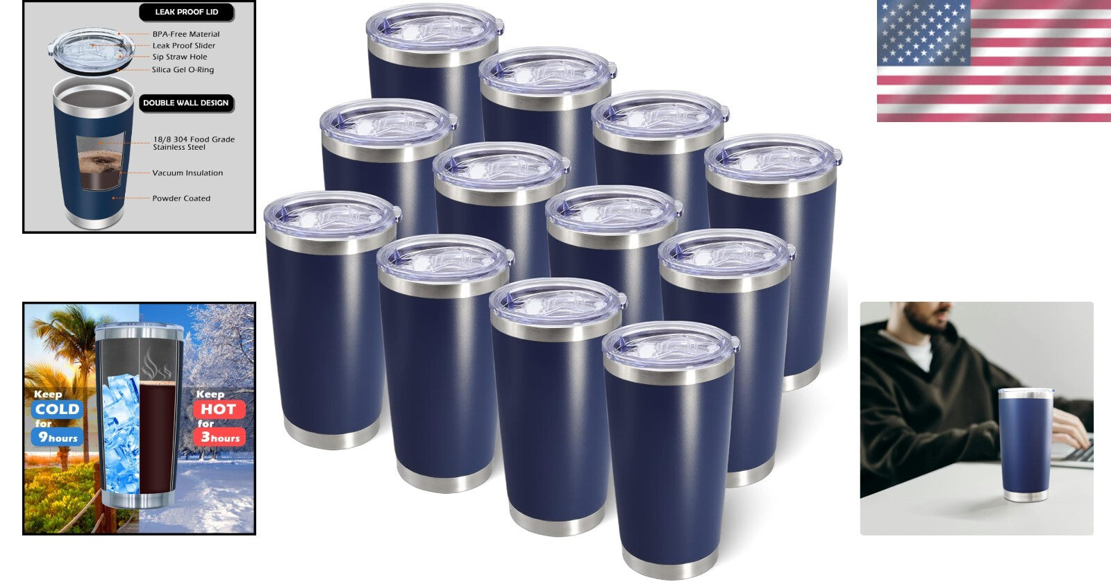 12 Pack Navy Blue Stainless Steel Tumblers with Lid - 20oz Insulated Travel Mugs