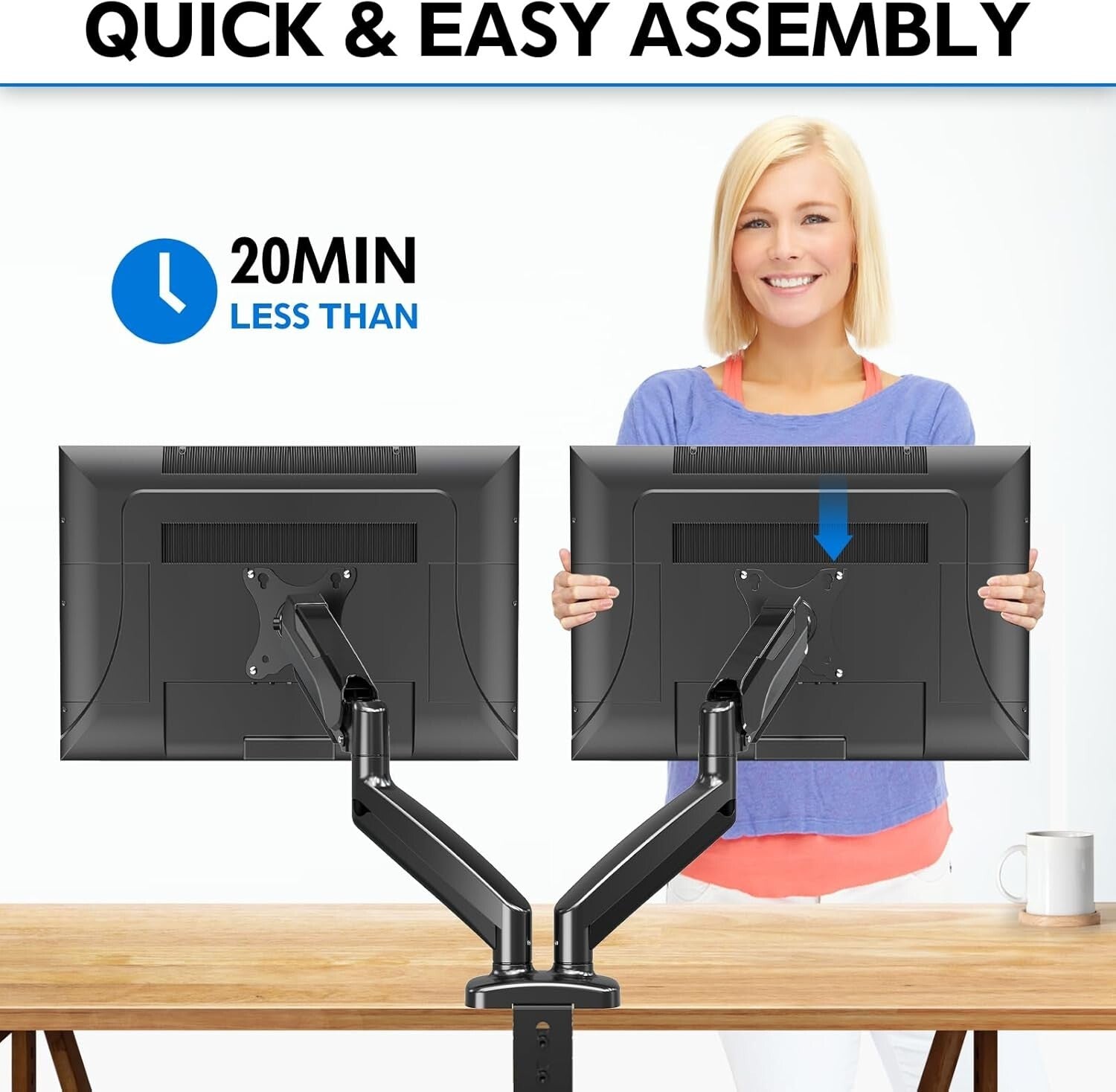 Height Adjustable Dual Monitor Arm with C-Clamp & Grommet Base - Black, Max 32"