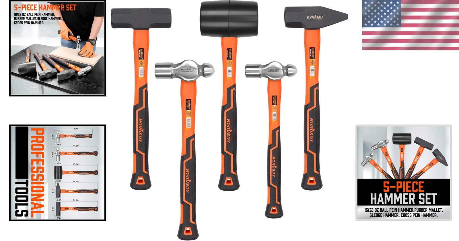 Pro-Grade 5-Piece Hammer Collection - Includes Rubber Mallet & Sledge Hammer