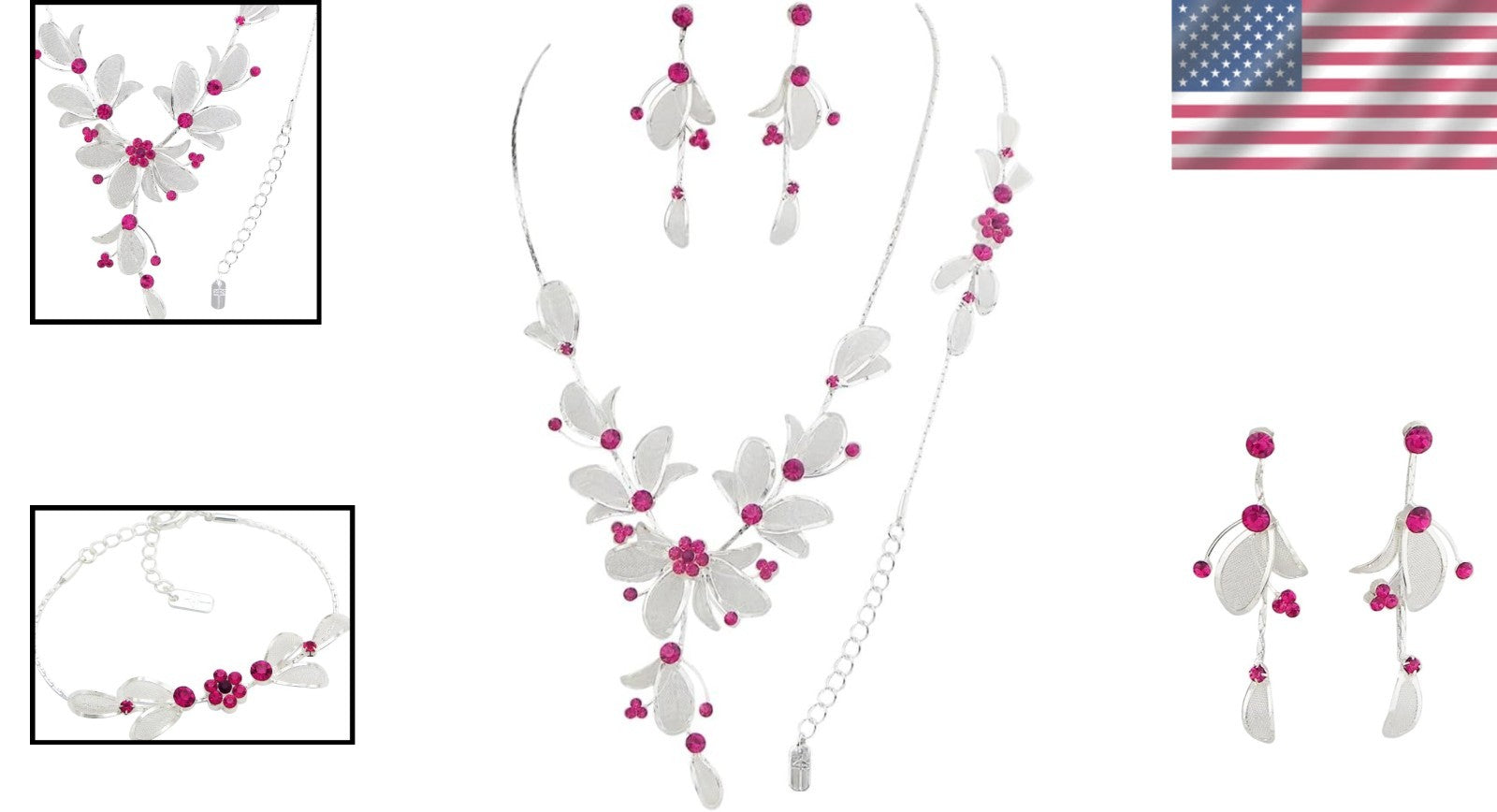 Elegant 3-Piece Floral Rhinestone Jewelry Set - Adjustable Necklace & Earrings