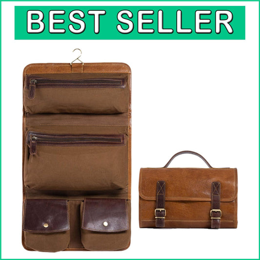 Full Grain Buffalo Leather Travel Dopp Kit with Water-Resistant Pockets