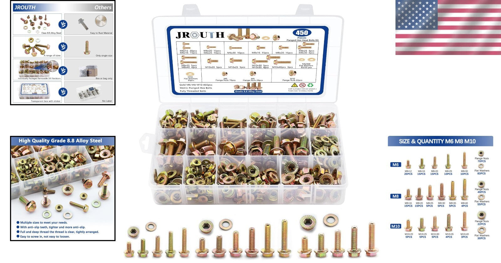 Complete 450PC Flanged Hex Head Bolt Set - Zinc Plated M6, M8, M10 Fasteners