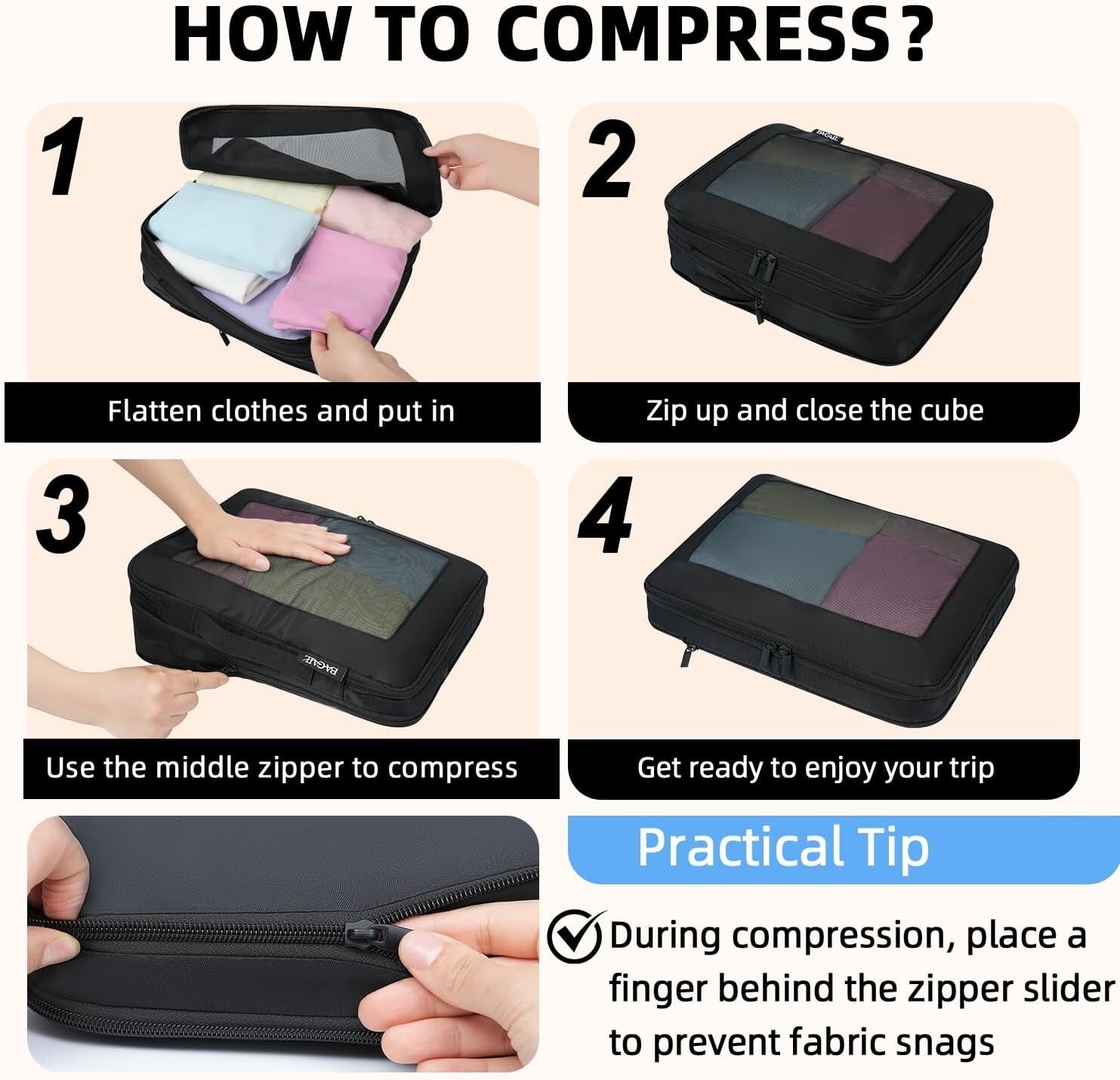 Expandable Compression Packing Cubes - 6 Set Travel Organizers in Black Mesh