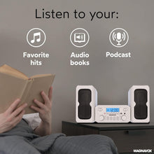 Load image into Gallery viewer, Sleek White Bluetooth CD Shelf System with FM Radio – 100 Years of Sound Quality
