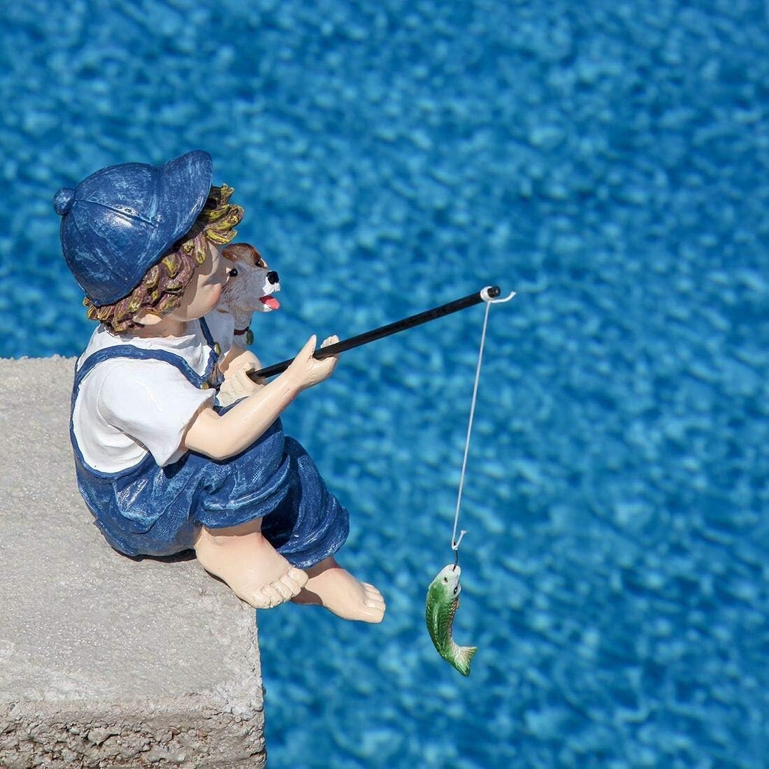 Endearing 10-Inch Fishing Boy & Dog Resin Statue for Enhanced Garden Charm