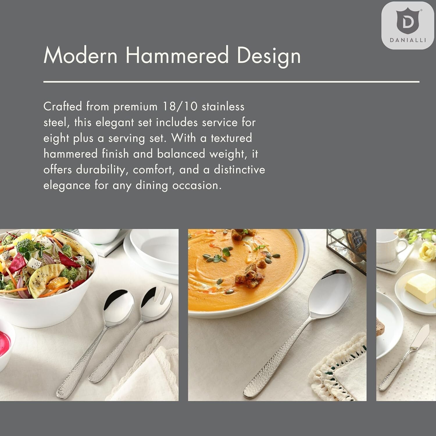 Luxury 18/10 Stainless Steel Dining Set - Fidenza Hammered 45-Piece Collection