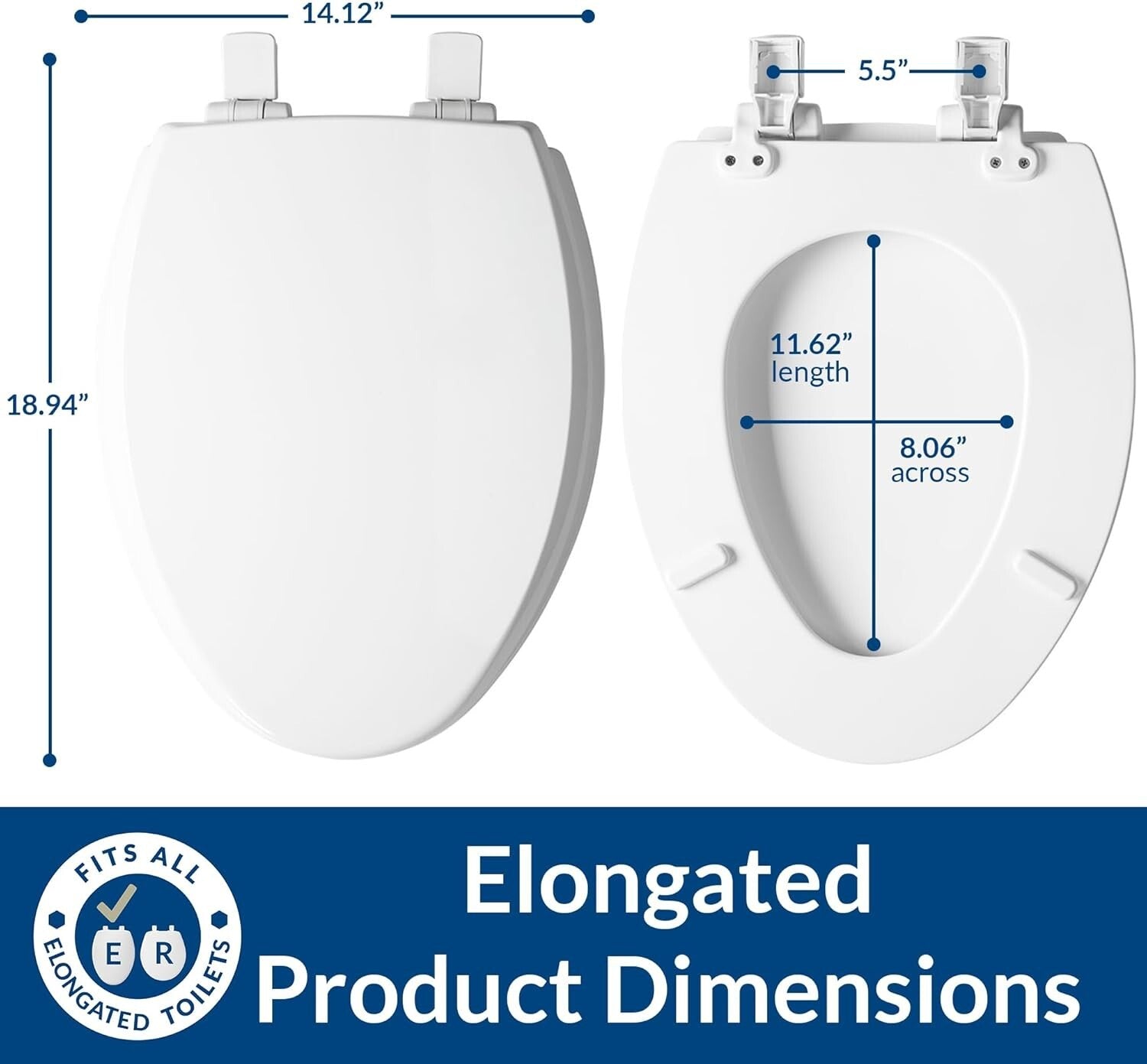 Elegant White Elongated Toilet Seat with Slow Close & Adjustable Fit - USA Made