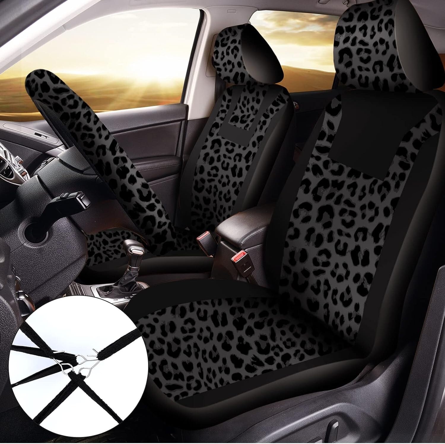 Complete Leopard Print Car Accessories Set - Seat Covers, Steering Wheel & More