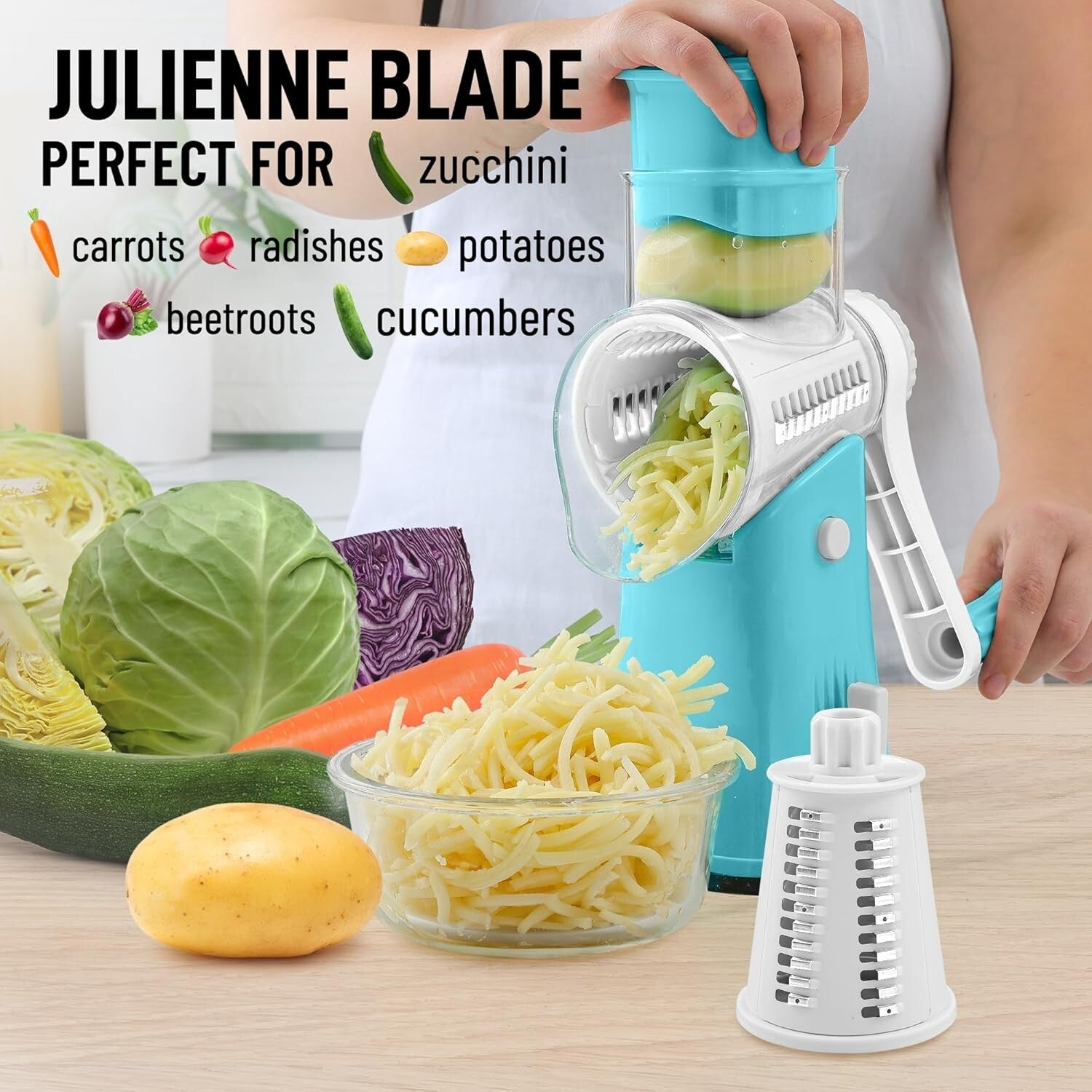 5-Blade Vegetable Chopper - Hand Crank Grater with Suction Base for Fast Prep