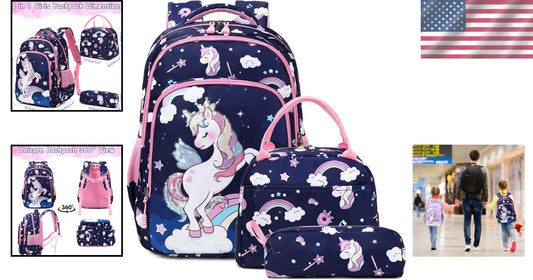 Adjustable Unicorn Backpack for Girls - 3pcs School Set with Insulated Lunch Bag