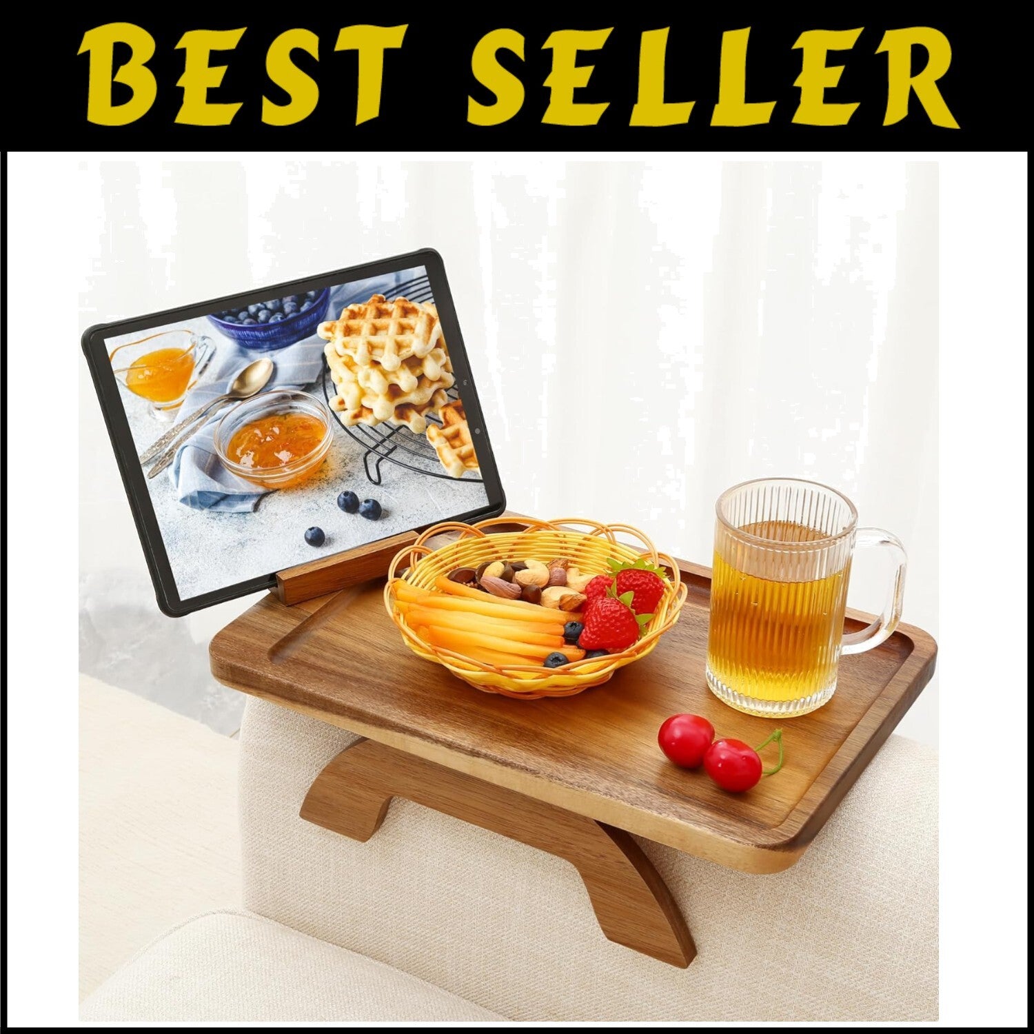 Adjustable Armrest Table with 360° Phone Holder - Modern Acacia Wood Design