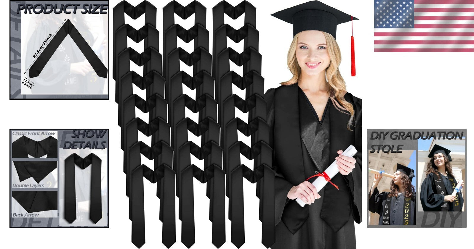 Classic 70-Inch Graduation Stoles - 24 Pack of Unisex Satin Celebration Attire