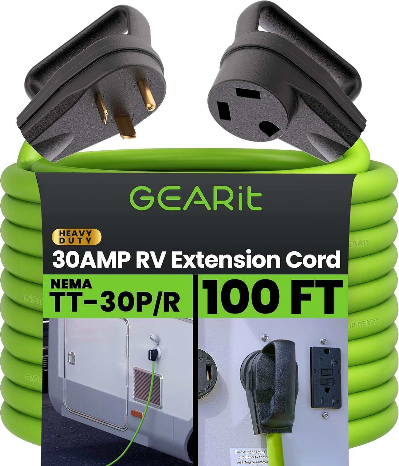 Premium 30 Amp RV Extension Cord 100ft - Bright Green TT-30 Plug for Safety