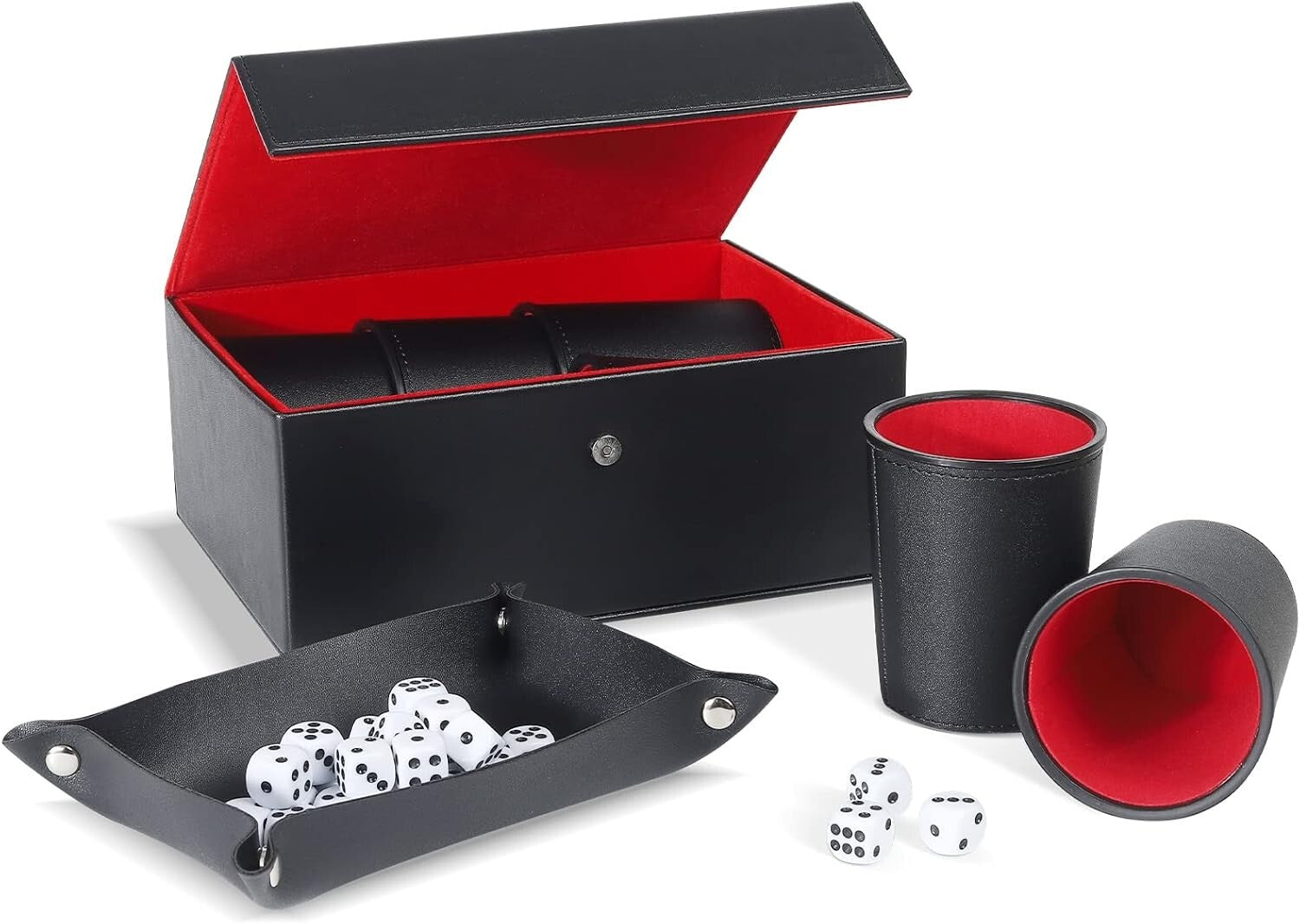 Exclusive Travel Dice Game Set - 6 Leather Cups, Dice & Lush Storage Case