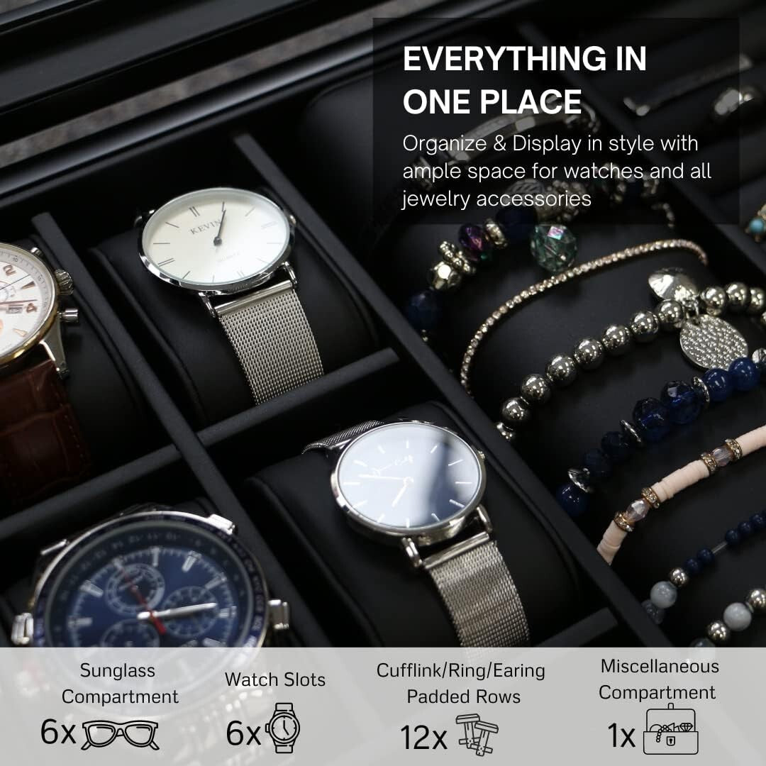 Premium Jewelry and Sunglasses Box with Magnetic Closure - 12 Compartment Design
