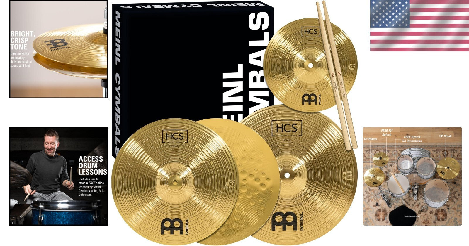 Meinl HCS Cymbal Set - 13" Hi-Hats, 14" Crash & 10" Splash, 5A Sticks Included