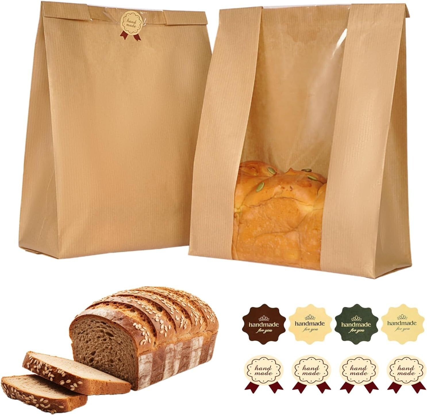 Elegant Kraft Paper Bread Bags with Window - 200 Bags & 410 Stickers Included