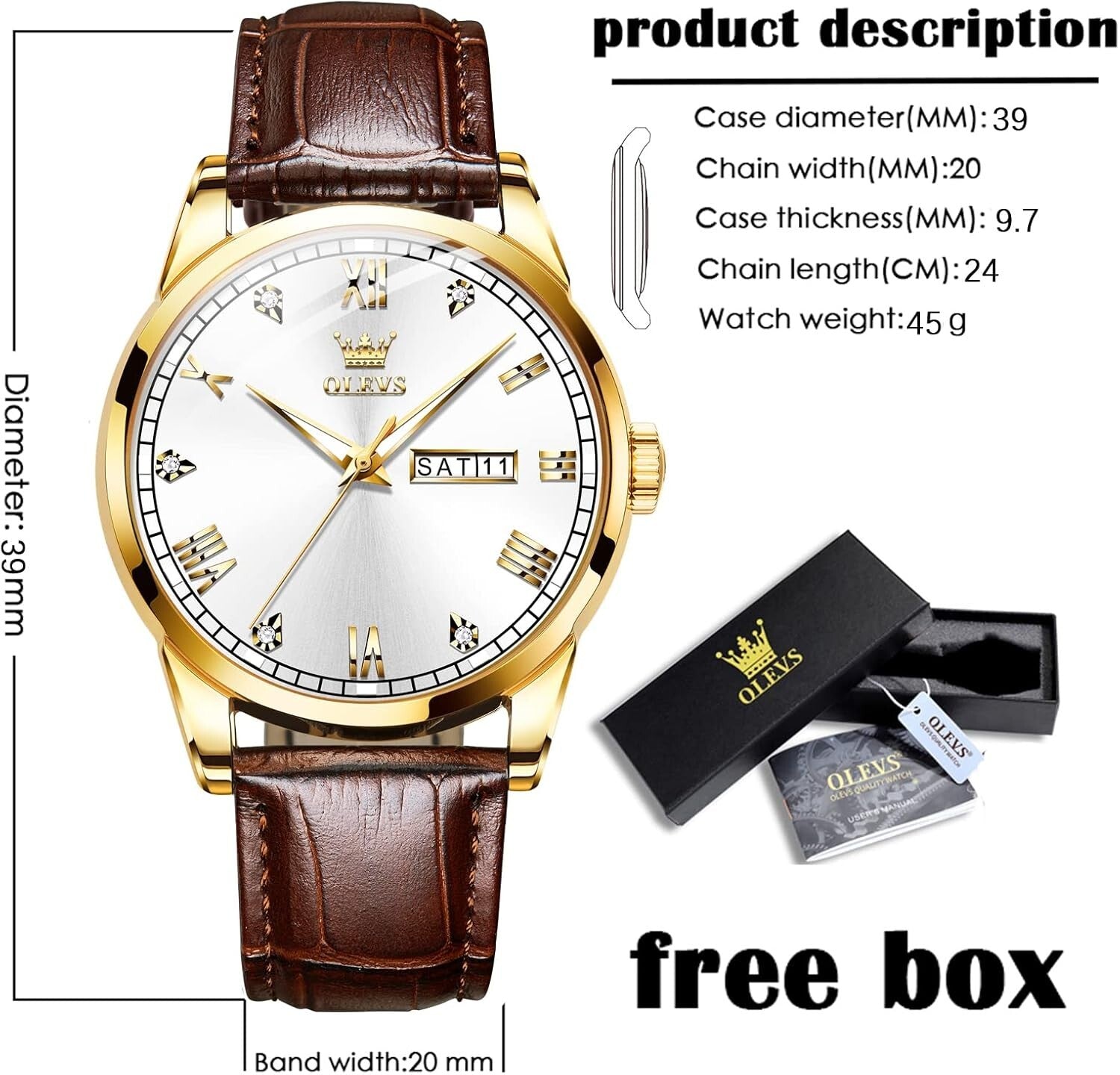 Elegant 39mm Brown Leather Dress Watch with Gold Case & Waterproof Feature