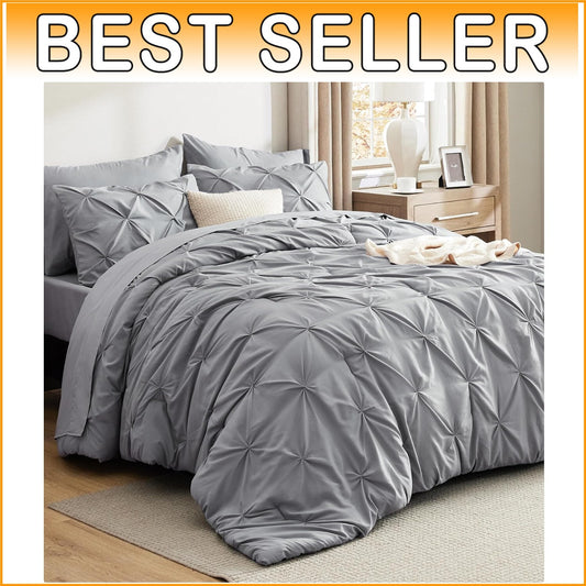 Elegant King Size Comforter Set - 7 Piece Pintuck Grey Bedding Essentials