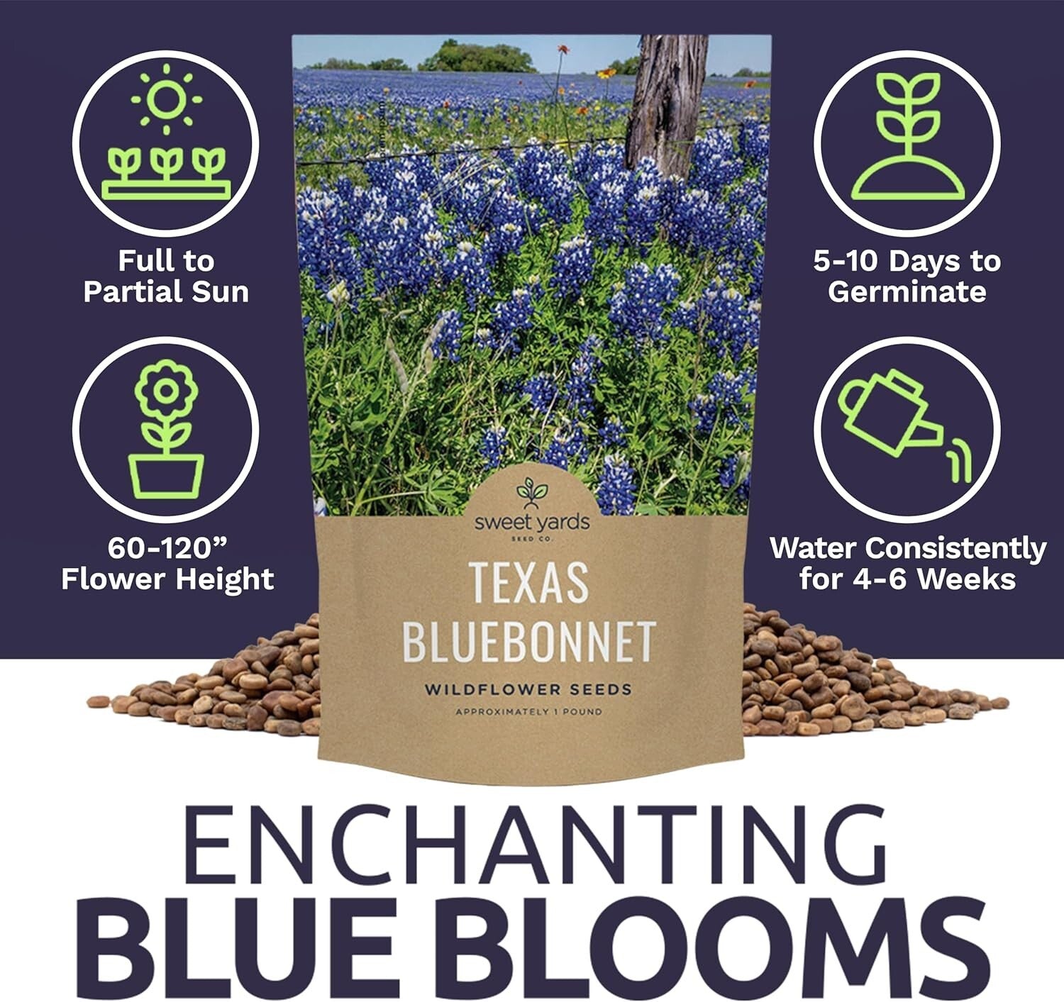Guaranteed Growth 1 lb Texas Bluebonnet Wildflower Seeds - Perfect Garden Gift