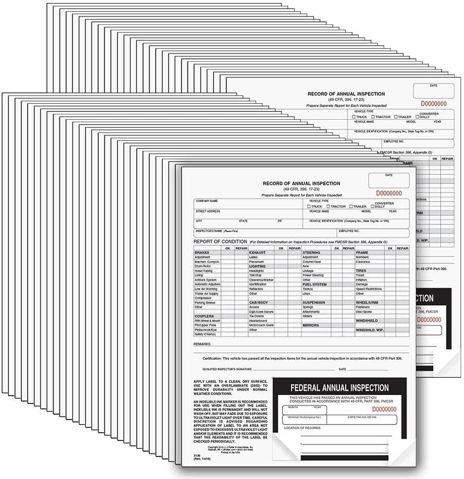 Durable 50-Pack Record of Annual Inspection Forms with Black Decals - USA Made