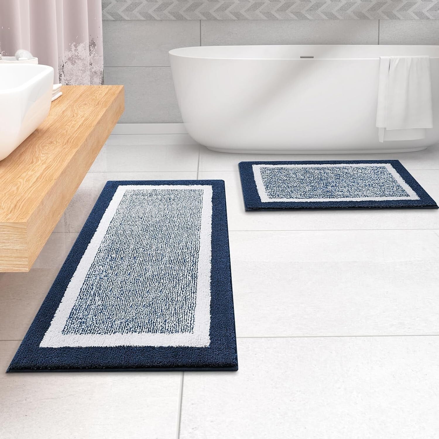 Extra Absorbent Navy Bath Mat 44x24 - Fluffy & Non-Slip Design for Safety