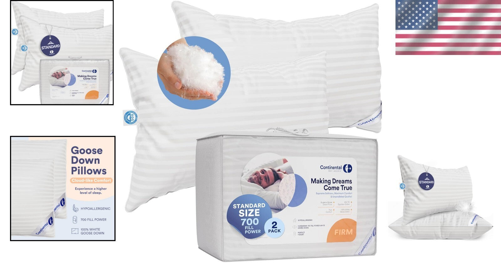 Elegant 700 Fill Power Hungarian Goose Down Pillows - 20 x 26 Inches, Pack of 2