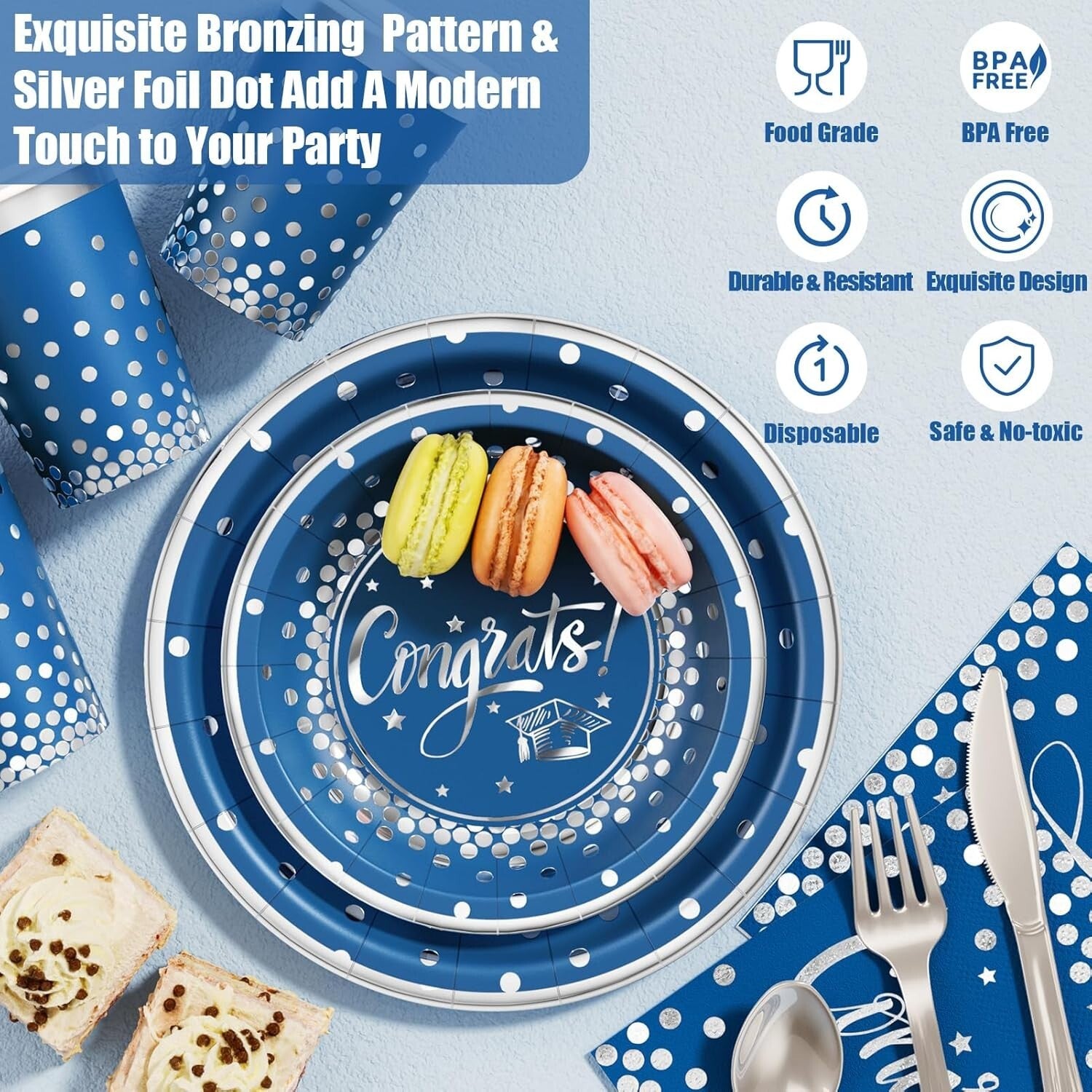 2025 Graduation Party Supplies Set - 245 PCS for 25 Guests in Navy Blue & Silver