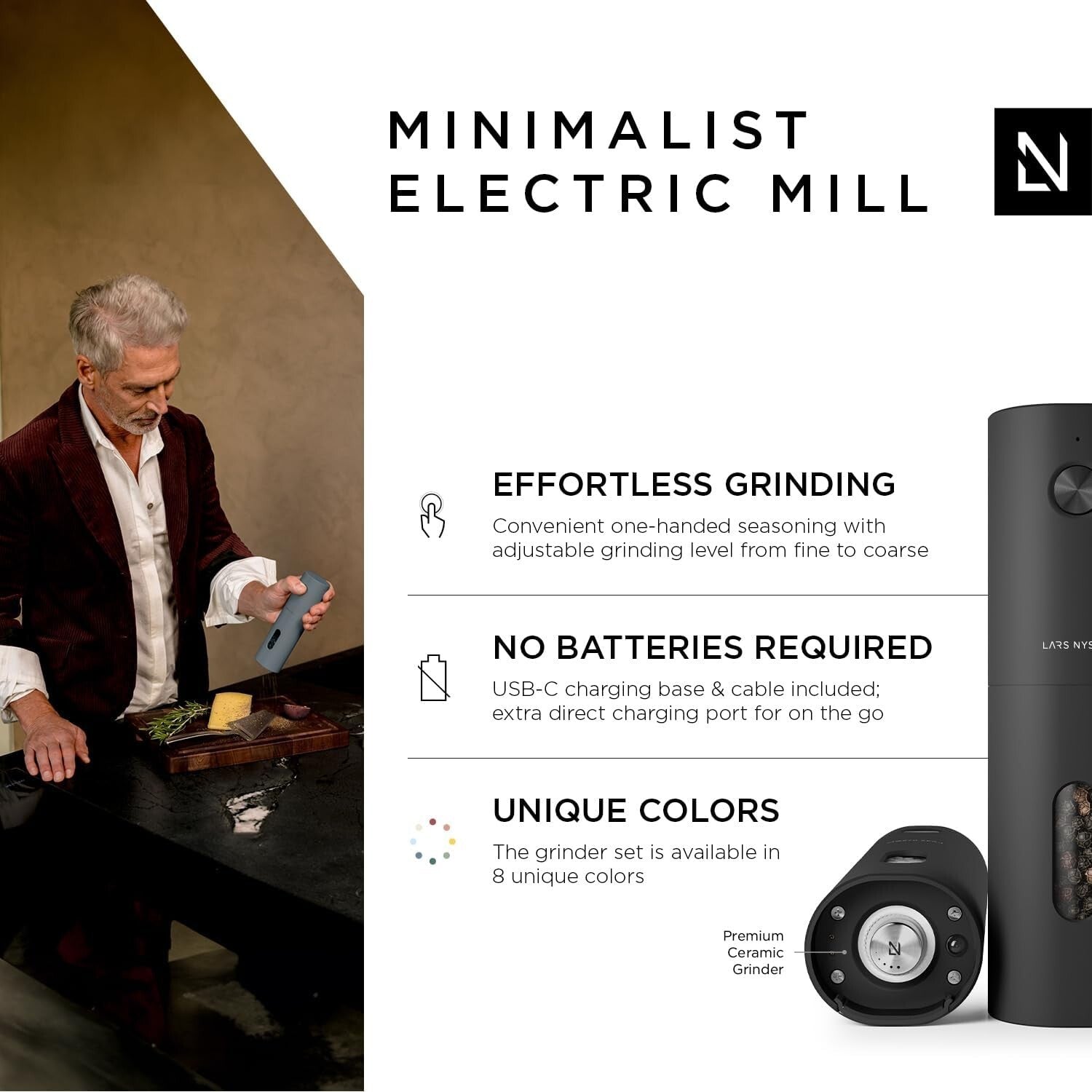 Automatic Electric Spice Mill Set with Adjustable Ceramic Grinder - Black