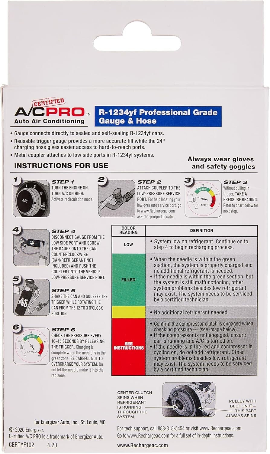 AC Pro Car Air Conditioner Recharge Kit - R1234YF Gauge & Quick-Connect Hose