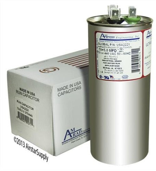 Goodman 70 + 5 uf Round Dual Universal Capacitor, 370/440 VAC - Made in U.S.A.
