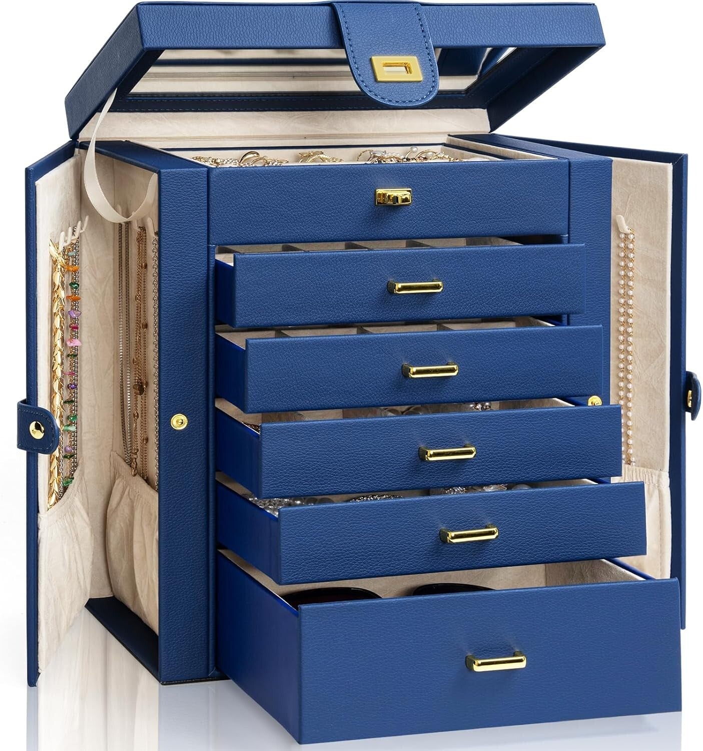 Elegant Lockable Jewelry Organizer with Large Mirror & 6 Drawer Storage - Blue