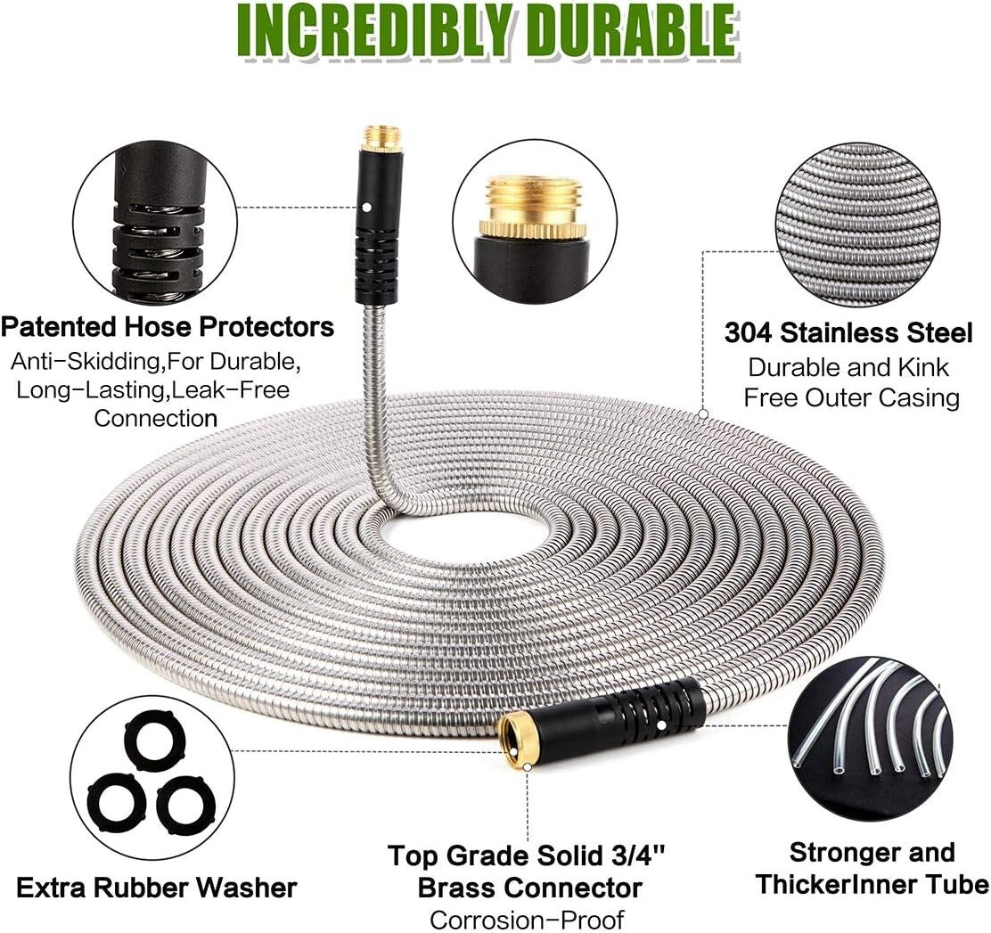 75ft Heavy Duty Stainless Steel Garden Hose - No Kink, Lightweight & Versatile