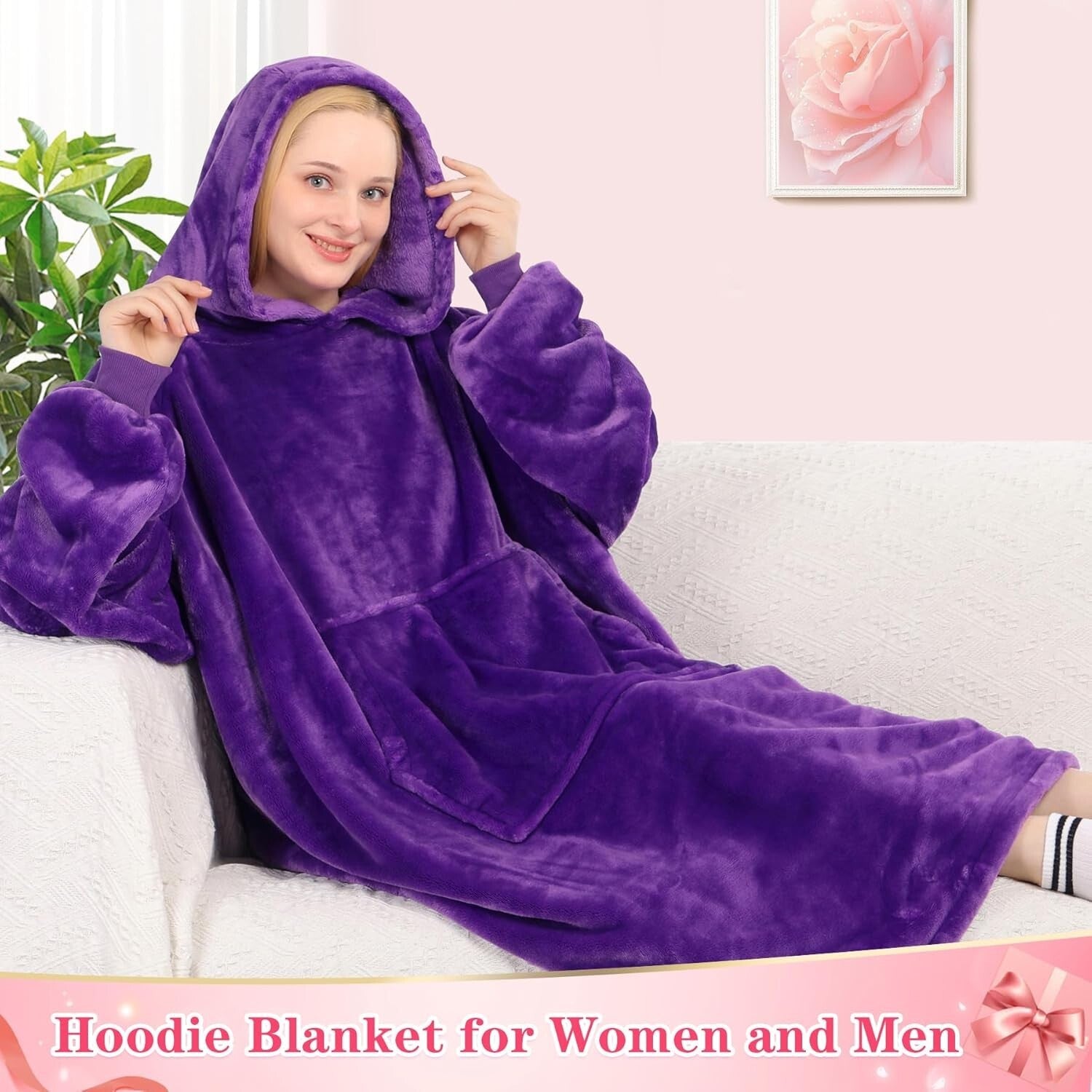 Fluffy Violet Hooded Blanket with Sleeves - Perfect for Lounging & Napping