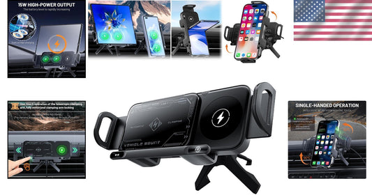 15W Wireless Car Charger and Auto Rotating Phone Holder - Magnetic Mount Black
