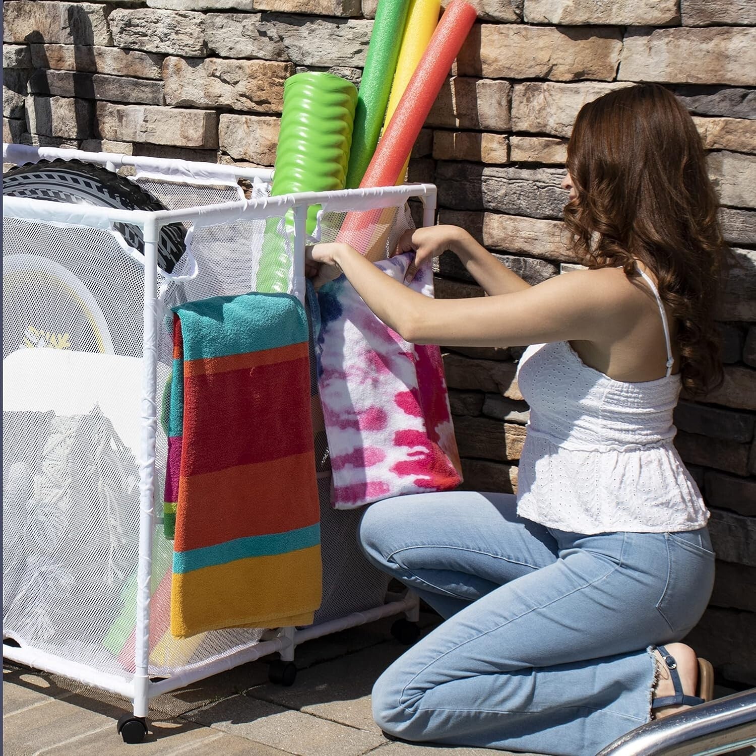 Stylish White Pool Floats & Noodles Organizer - 47.2" W Outdoor Storage Solution