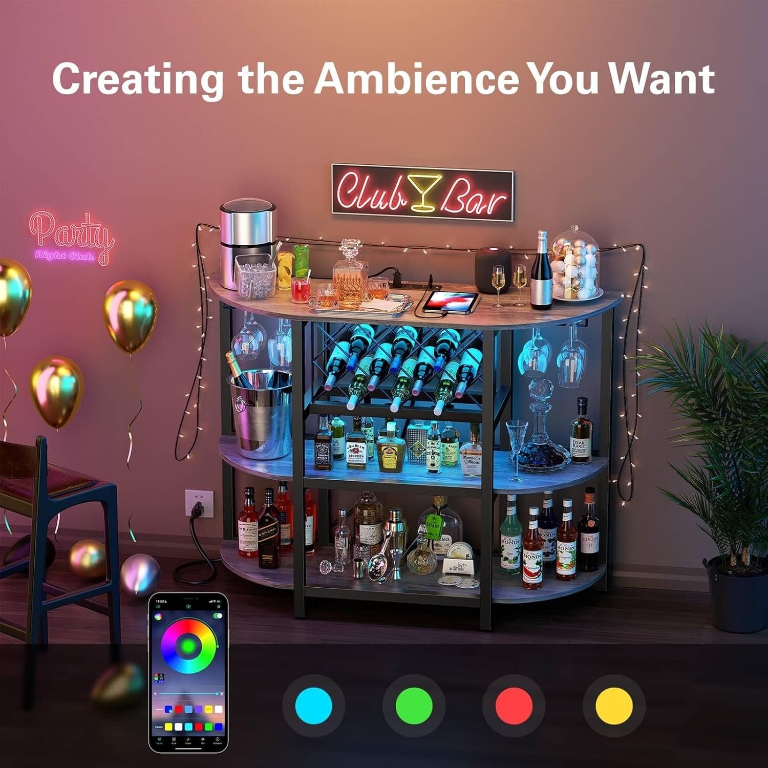 Compact Black Mini Bar Cabinet with RGB Lights and Built-in Charging Station