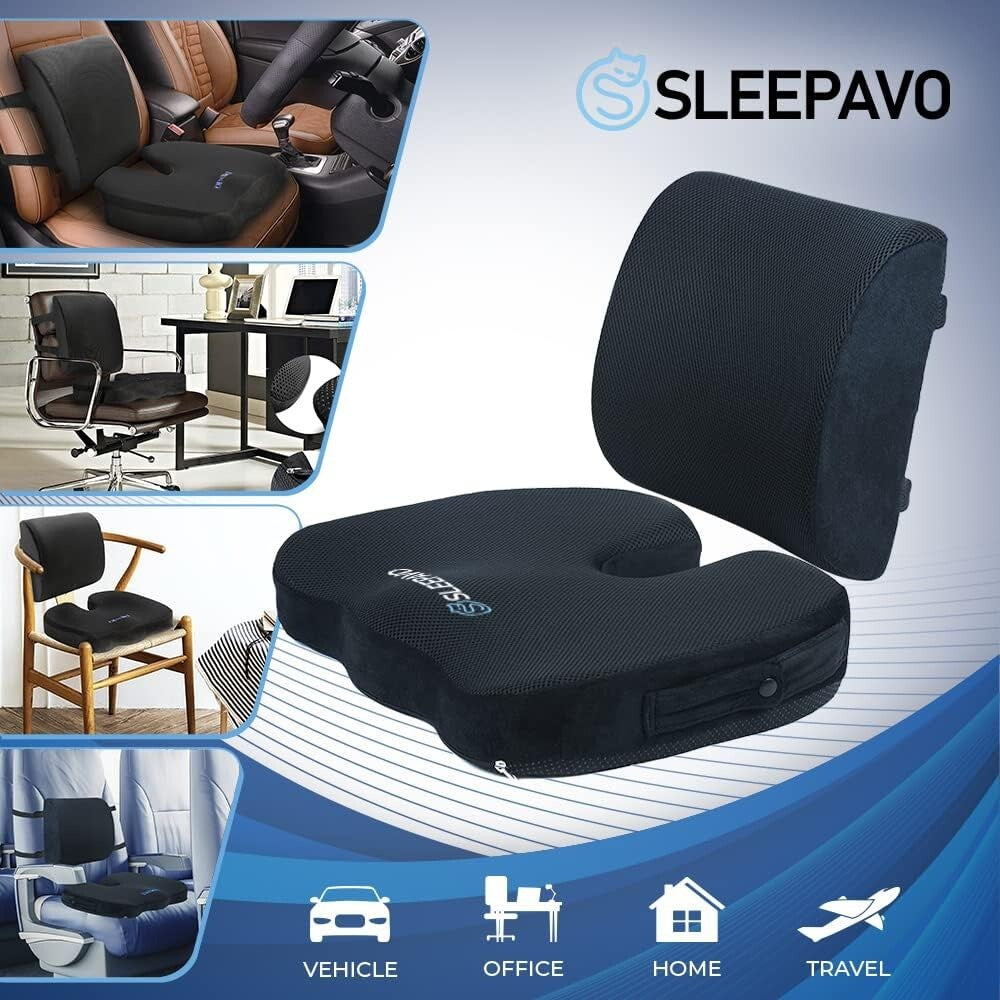 Ergonomic Memory Foam Seat and Lumbar Pillow Set - Ideal for Office, Car, Travel