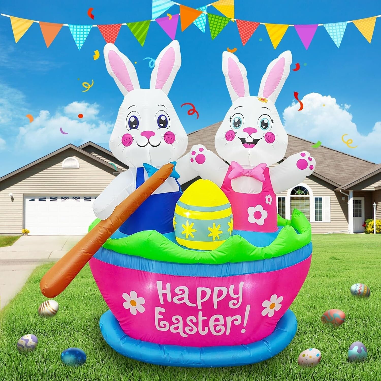 Easy Setup 5FT Easter Bunny Inflatables with LED Lights - Fun Yard Decoration