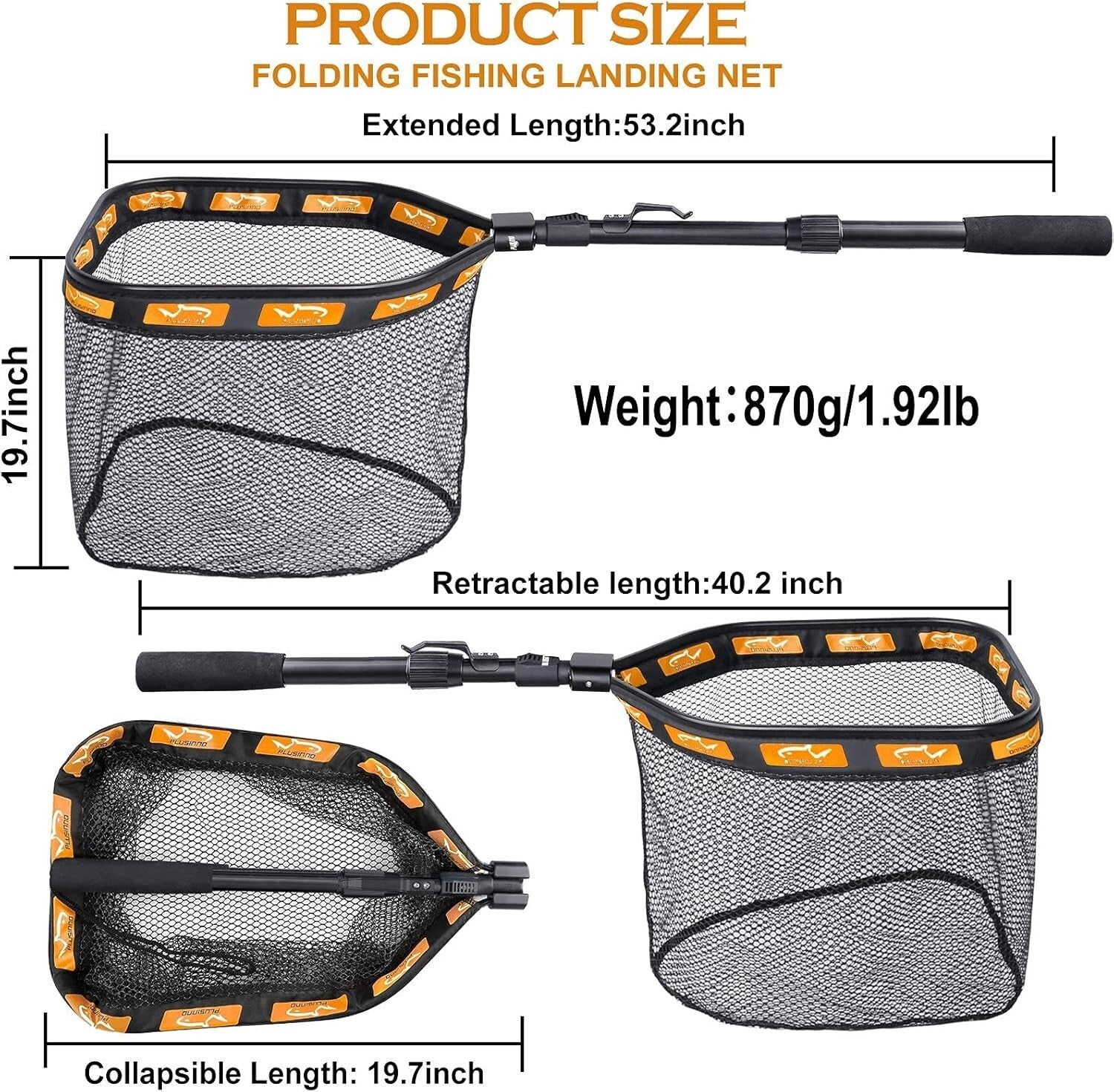 Large Floating Fish Landing Net - 19.7" Hoop, Rubber Coating, and Folding Design